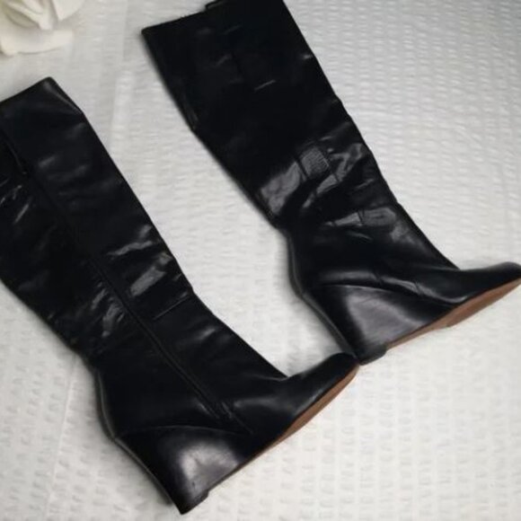 Nine West Knee High Black Leather Wedge Boots size 6.5 - Picture 1 of 11